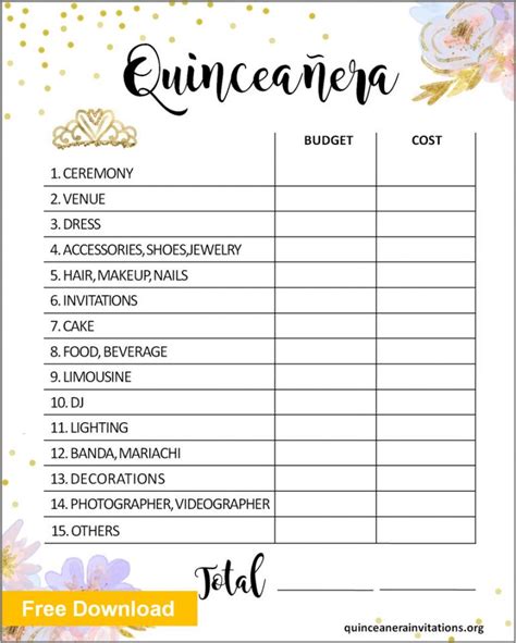 Printable Quinceanera Checklist Template